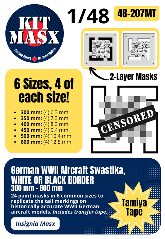 German WWII Aircraft Swastika, WHITE OR BLACK BORDER, 300 mm - 600 mm 1/48 National Insignia Paint Masks (48207M)