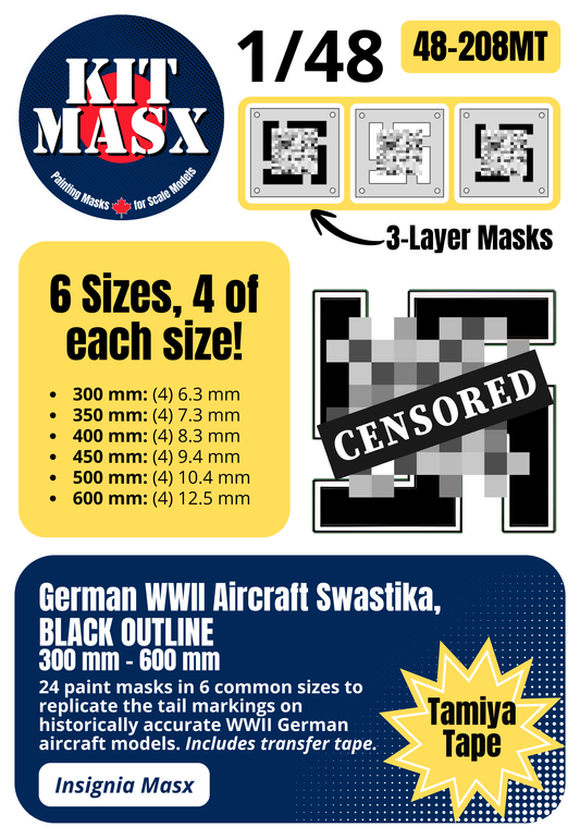 German WWII Aircraft Swastika, BLACK OUTLINE, 300 mm - 600 mm 1/48 National Insignia Paint Masks (48208M)