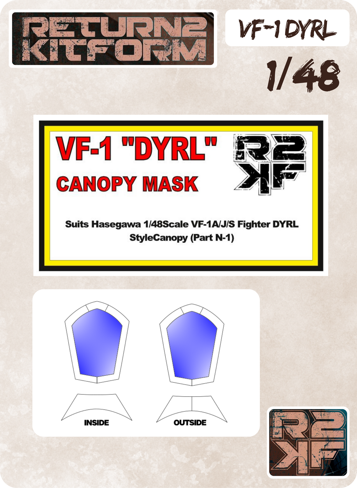 R2KF Hasegawa Macross VF-1 "DYRL (Movie) Style" Valkyrie 1/48 Canopy Paint Masks, Kit # MC03 (VF-1 DYRL STYLE)