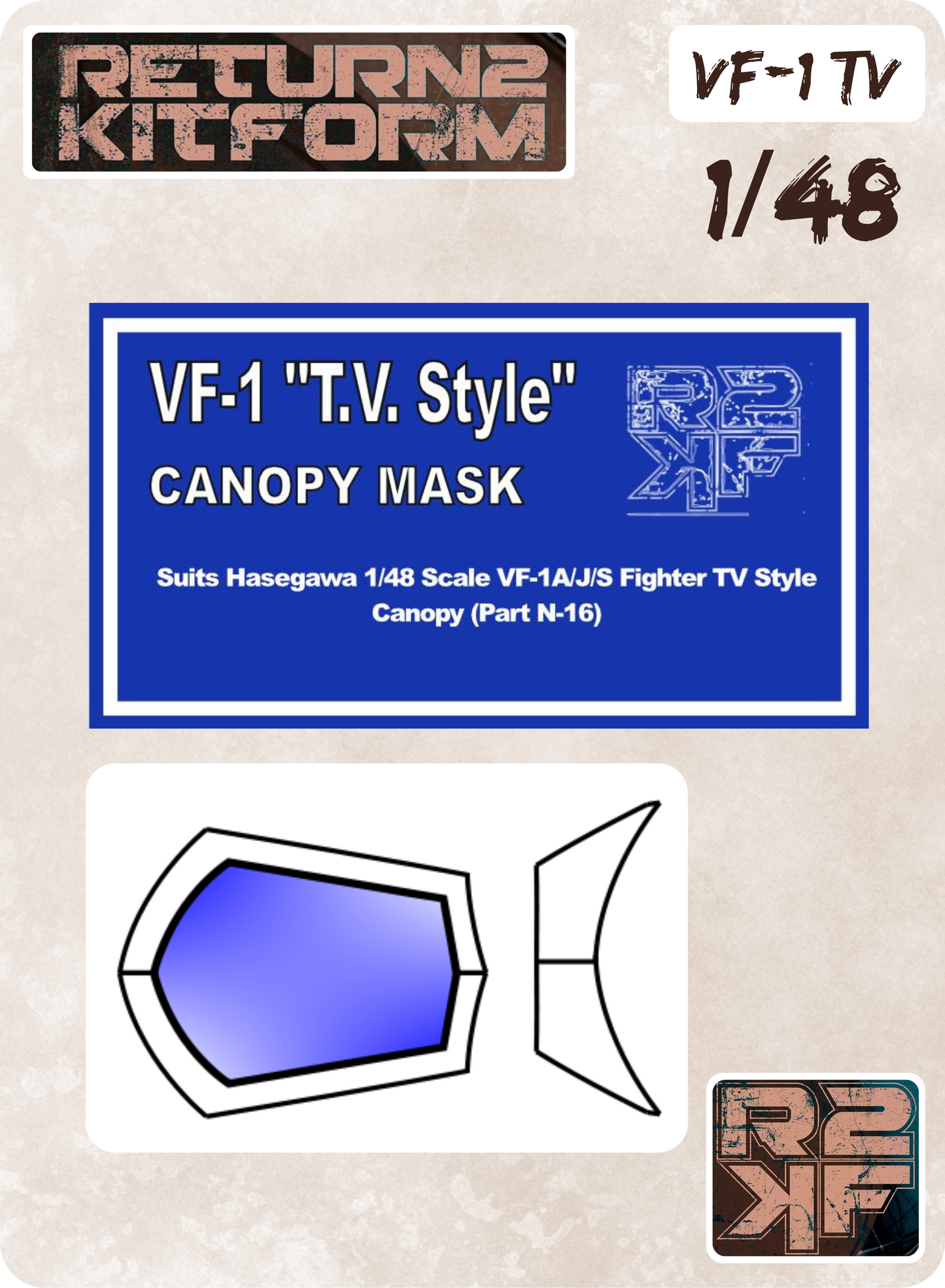 R2KF Hasegawa Macross VF-1 "TV Style" Valkyrie 1/48 Canopy Paint Masks, Kit # MC02 (VF-1 TV STYLE)