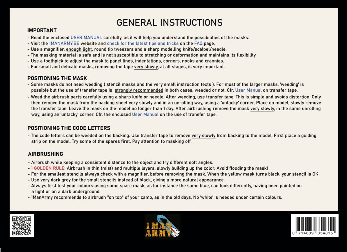 1ManArmy 1/48 WWII RAF 20-inch Code Letters, Generic High-Definition Paint Masks, 48GEN501