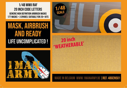 1ManArmy 1/48 WWII RAF 20-inch Code Letters, Generic High-Definition Paint Masks, 48GEN501