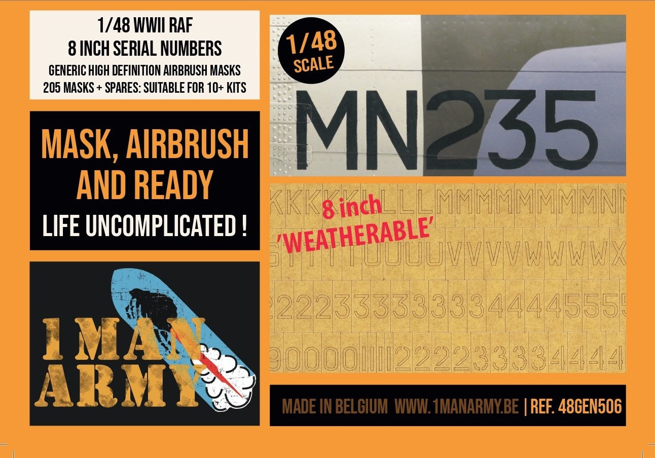 1ManArmy 1/48 WWII RAF 8-inch Serial Numbers, Generic High-Definition Paint Masks, 48GEN506