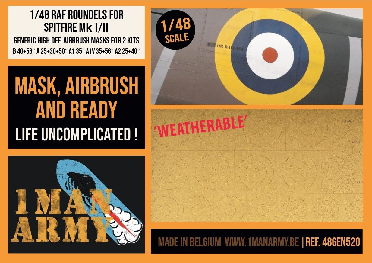 1ManArmy 1/48 RAF Roundels for Spitfire Mk I/II, Generic High-Definition Paint Masks, 48GEN520