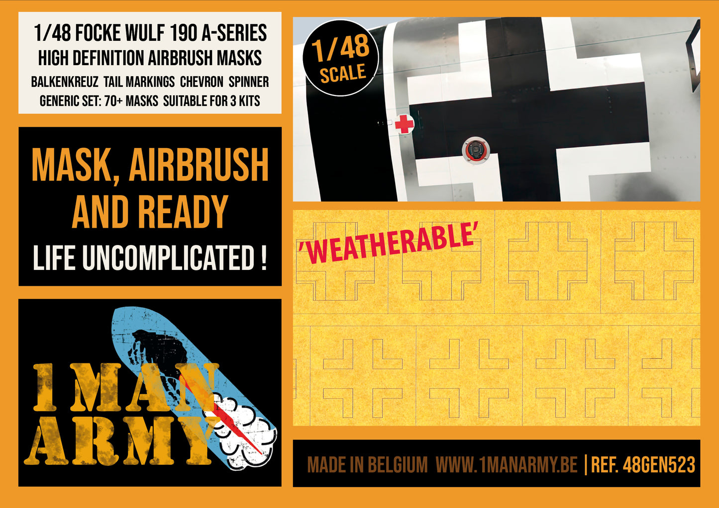 1ManArmy 1/48 Balkenkreuz Tail Markings & Chevron Spinner for Focke-Wulf 190 A-Series, Generic High-Definition Paint Masks, 48GEN523