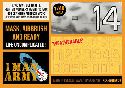 1ManArmy 1/48 WWII Luftwaffe Fighter Numbers 13.5 mm, Generic High-Definition Paint Masks, 48GEN600