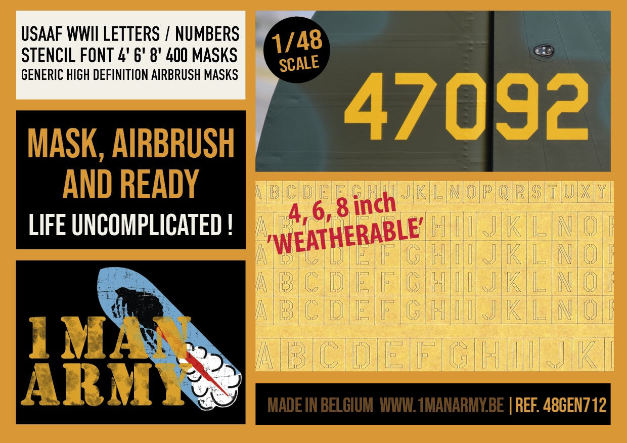 USAAF WWII Letters & Numbers STENCIL FONT 4-inch, 6-inch, 8-inch 1/48 Generic High-Definition Paint Masks (48GEN712)