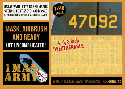 USAAF WWII Letters & Numbers STENCIL FONT 4-inch, 6-inch, 8-inch 1/48 Generic High-Definition Paint Masks (48GEN712)