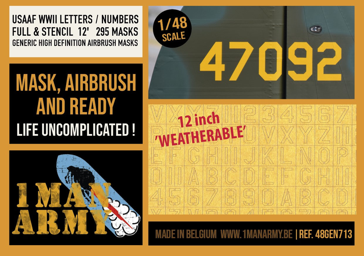 USAAF WWII Letters & Numbers FULL & STENCIL FONT 12-inch 1/48 Generic High-Definition Paint Masks, 48GEN713