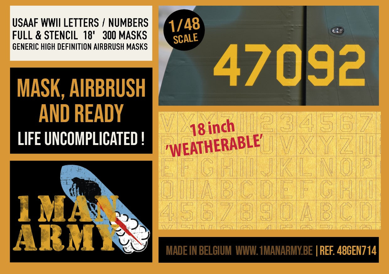 USAAF WWII Letters & Numbers FULL & STENCIL FONT 18-inch 1/48 Generic High-Definition Paint Masks, 48GEN714
