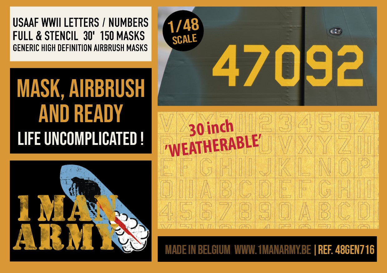 USAAF WWII Letters & Numbers FULL & STENCIL FONT 30-inch 1/48 Generic High-Definition Paint Masks, 48GEN716