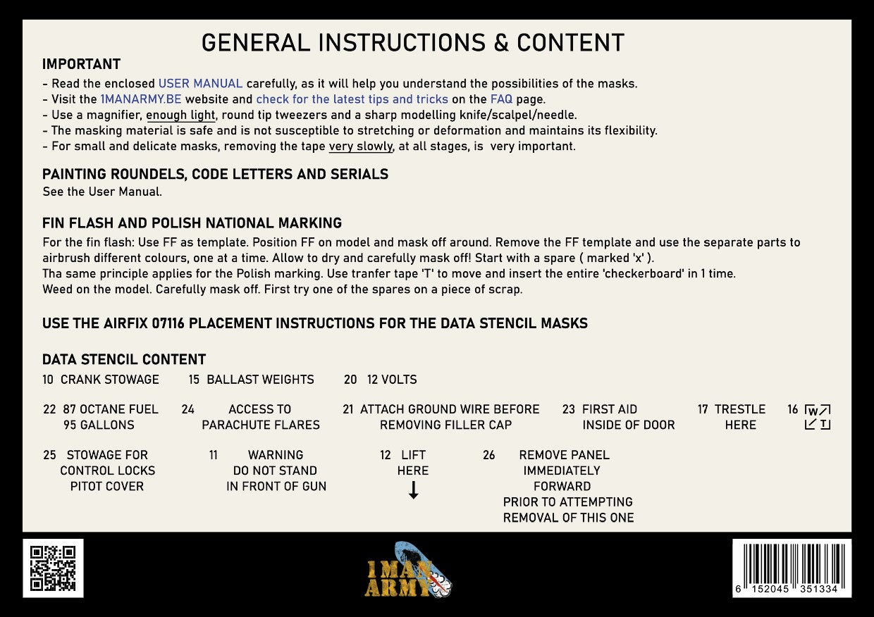 1ManArmy 1/48 Airfix Westland Lysander Full Marking Set, High-Definition Paint Masks, 48KIT001