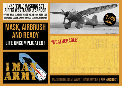 1ManArmy 1/48 Airfix Westland Lysander Full Marking Set, High-Definition Paint Masks, 48KIT001