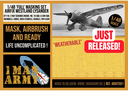1ManArmy 1/48 Airfix Westland Lysander Full Marking Set, High-Definition Paint Masks, 48KIT001
