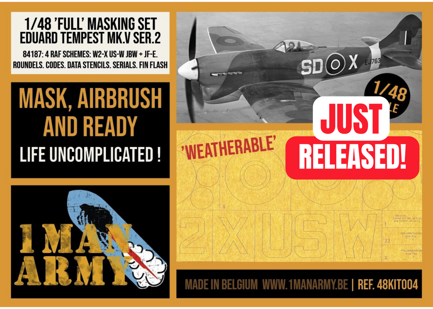 1ManArmy 1/48 Eduard Tempest Mk.V Series 2 Full Marking Set, High-Definition Paint Masks, 48KIT004