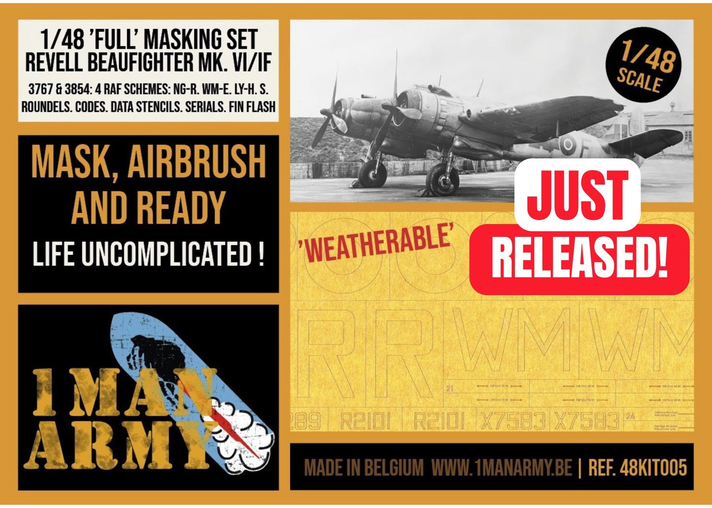1ManArmy 1/48 Revell Beaufighter Mk.VI/IF Full Marking Set, High-Definition Paint Masks, 48KIT005