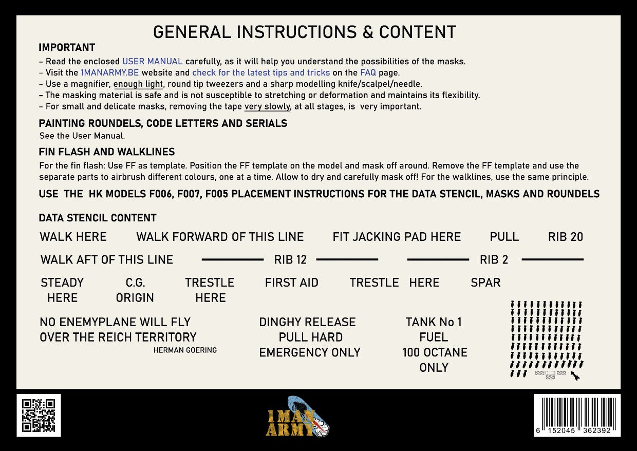 1ManArmy 1/48 HK Models Avro Lancaster Full Marking Set, High-Definition Paint Masks, 48KIT006