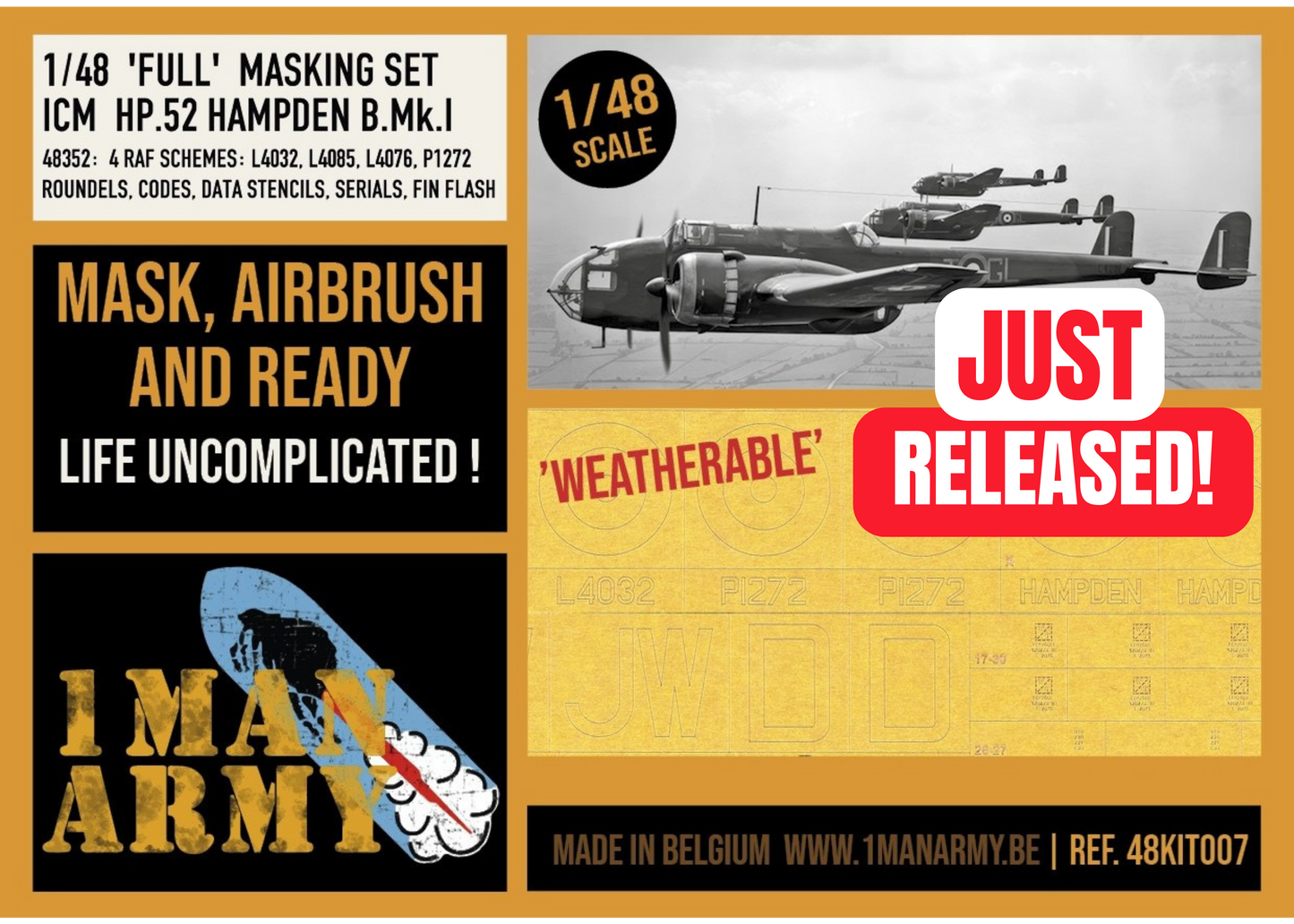 1ManArmy 1/48 ICM HP.52 Hampden B.Mk.I Full Marking Set, High-Definition Paint Masks, 48KIT007