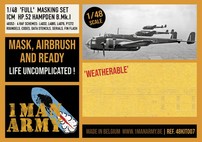 1ManArmy 1/48 ICM HP.52 Hampden B.Mk.I Full Marking Set, High-Definition Paint Masks, 48KIT007