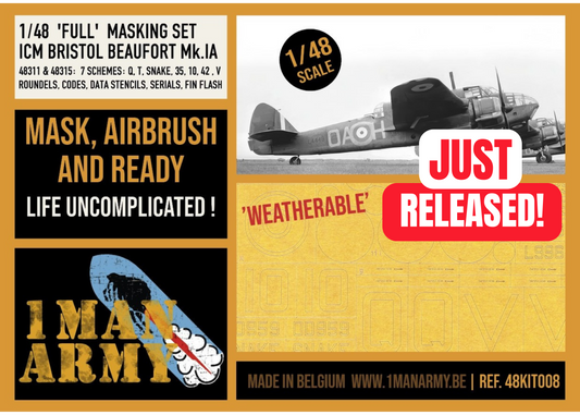 1ManArmy 1/48 ICM Bristol Beaufort Mk.IA Full Marking Set, High-Definition Paint Masks, 48KIT008