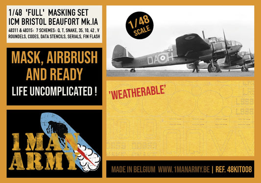 1ManArmy 1/48 ICM Bristol Beaufort Mk.IA Full Marking Set, High-Definition Paint Masks, 48KIT008