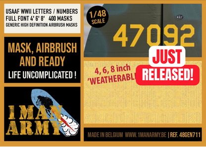 USAAF WWII Letters & Numbers FULL FONT 4-inch, 6-inch, 8-inch 1/48 Generic High-Definition Paint Masks (48GEN711)