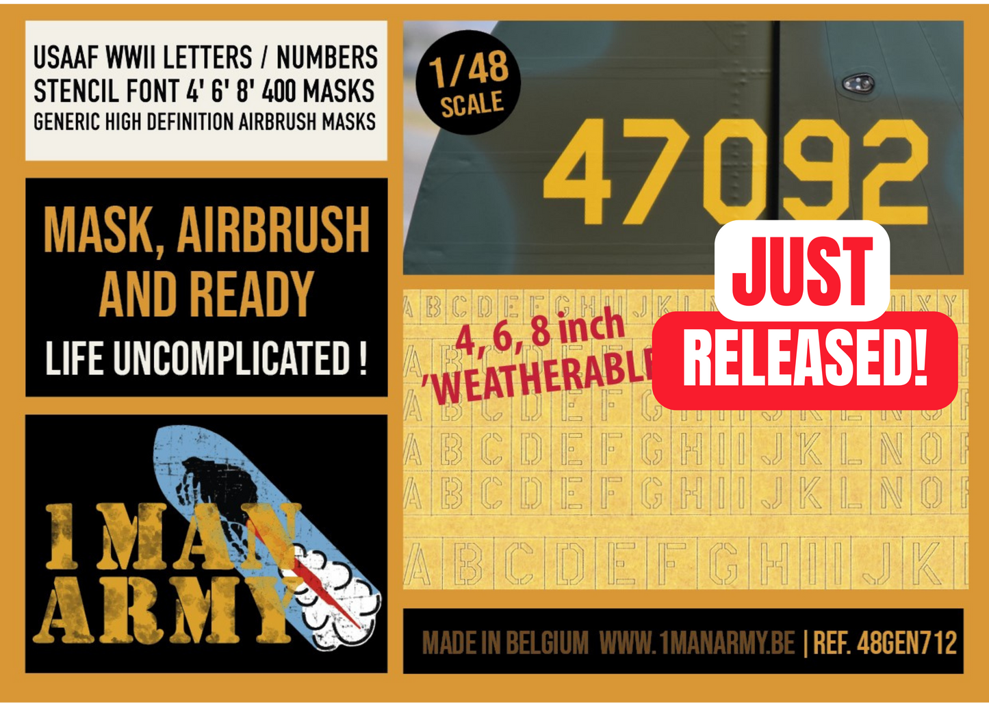 USAAF WWII Letters & Numbers STENCIL FONT 4-inch, 6-inch, 8-inch 1/48 Generic High-Definition Paint Masks (48GEN712)