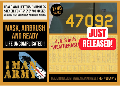 USAAF WWII Letters & Numbers STENCIL FONT 4-inch, 6-inch, 8-inch 1/48 Generic High-Definition Paint Masks (48GEN712)