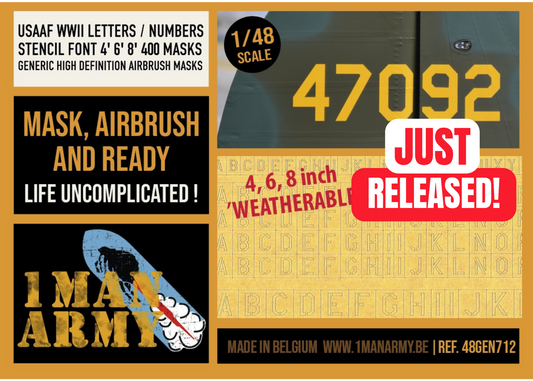 USAAF WWII Letters & Numbers STENCIL FONT 4-inch, 6-inch, 8-inch 1/48 Generic High-Definition Paint Masks, 48GEN712