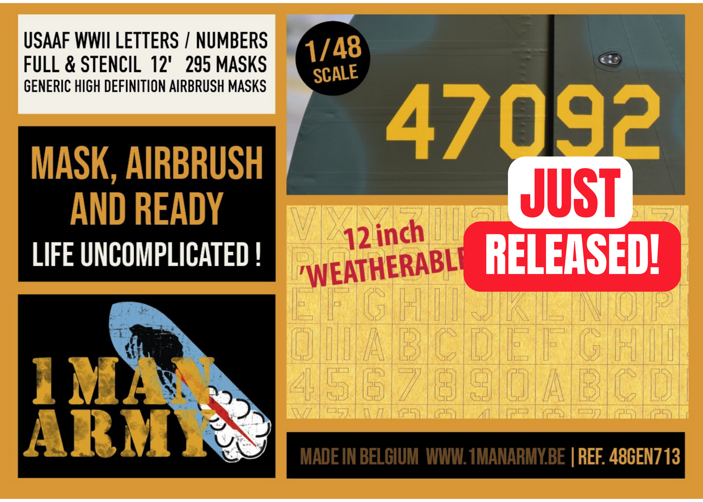 USAAF WWII Letters & Numbers FULL & STENCIL FONT 12-inch 1/48 Generic High-Definition Paint Masks, 48GEN713