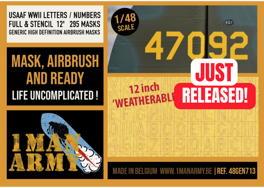 USAAF WWII Letters & Numbers FULL & STENCIL FONT 12-inch 1/48 Generic High-Definition Paint Masks, 48GEN713