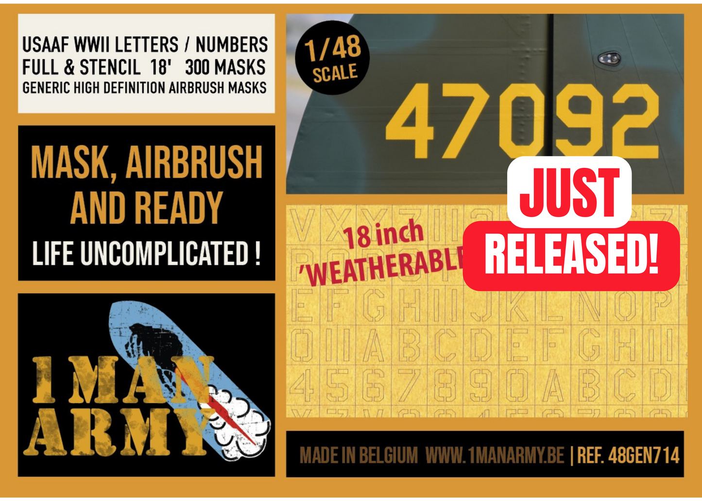 USAAF WWII Letters & Numbers FULL & STENCIL FONT 18-inch 1/48 Generic High-Definition Paint Masks, 48GEN714