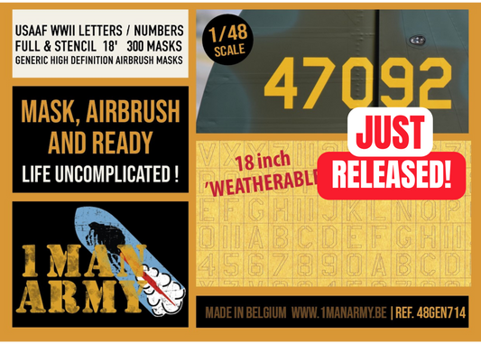 USAAF WWII Letters & Numbers FULL & STENCIL FONT 18-inch 1/48 Generic High-Definition Paint Masks, 48GEN714