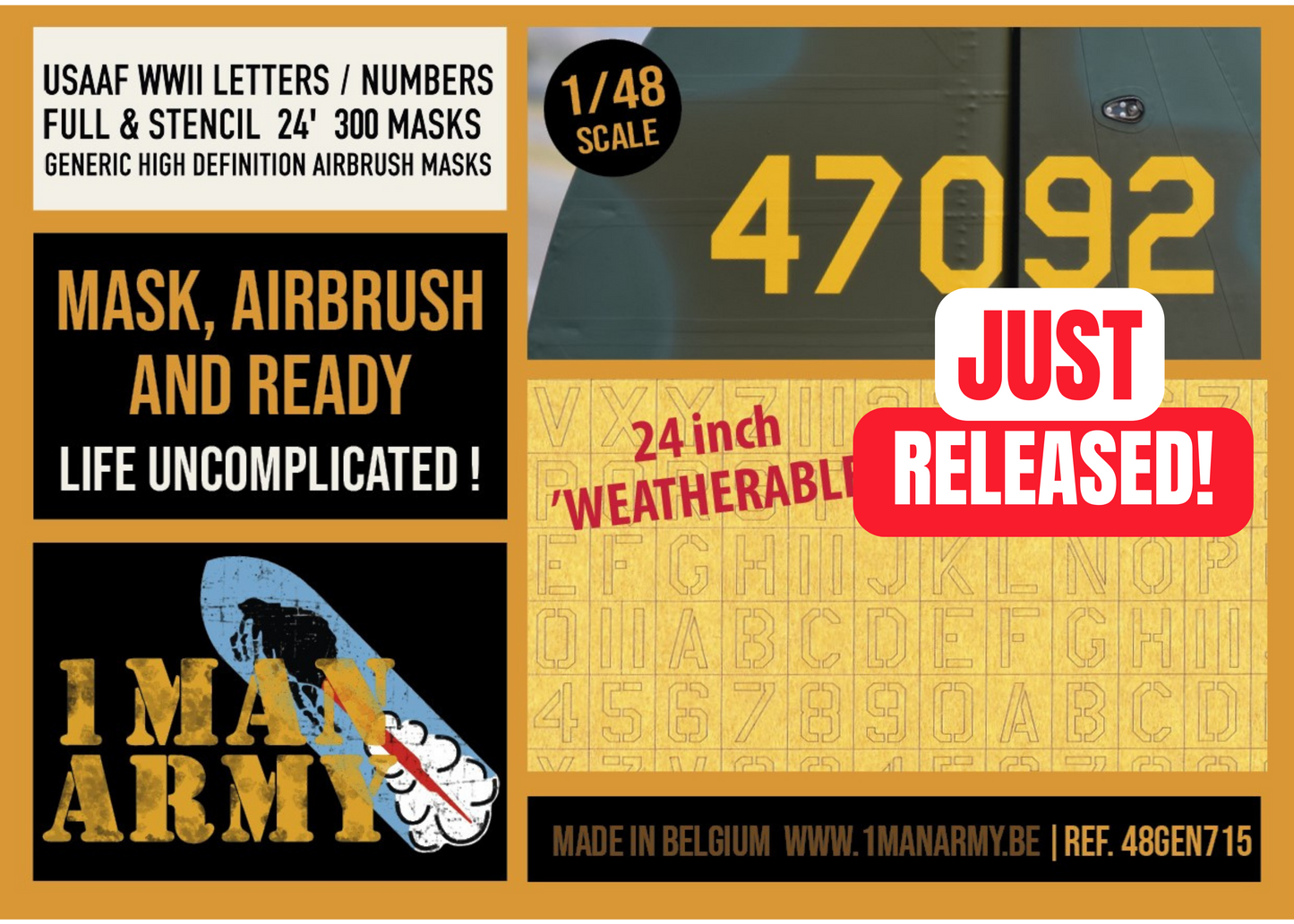 USAAF WWII Letters & Numbers FULL & STENCIL FONT 24-inch 1/48 Generic High-Definition Paint Masks, 48GEN715