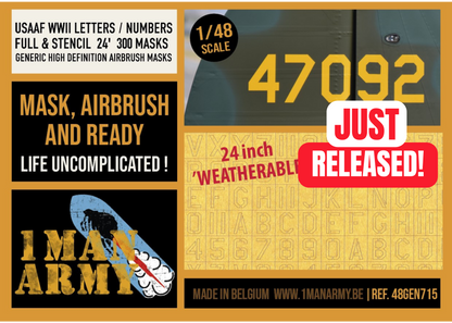 USAAF WWII Letters & Numbers FULL & STENCIL FONT 24-inch 1/48 Generic High-Definition Paint Masks, 48GEN715