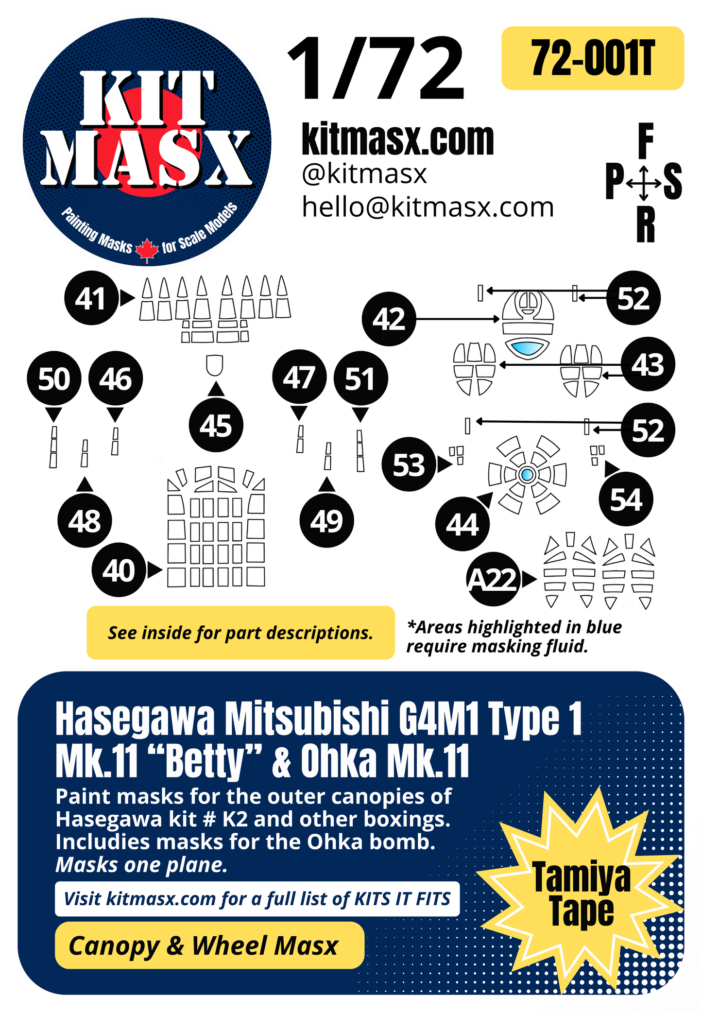 Hasegawa Mitsubishi G4M1 Type 1 Mk.11 “Betty” & Ohka Mk.11 1/72 Canopy Paint Masks, Kit # K2