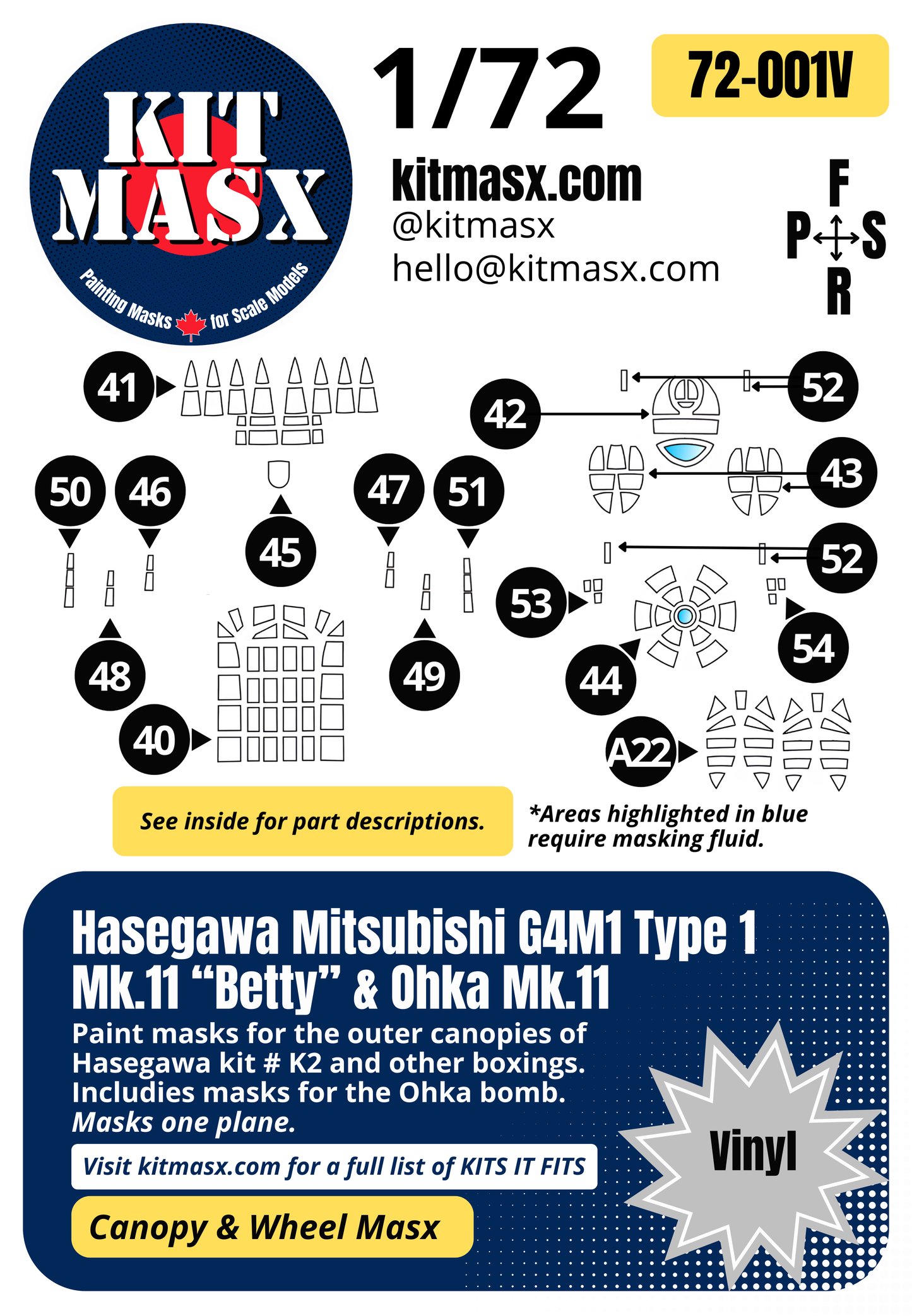 Hasegawa Mitsubishi G4M1 Type 1 Mk.11 “Betty” & Ohka Mk.11 1/72 Canopy Paint Masks, Kit # K2