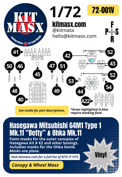 Hasegawa Mitsubishi G4M1 Type 1 Mk.11 “Betty” & Ohka Mk.11 1/72 Canopy Paint Masks, Kit # K2