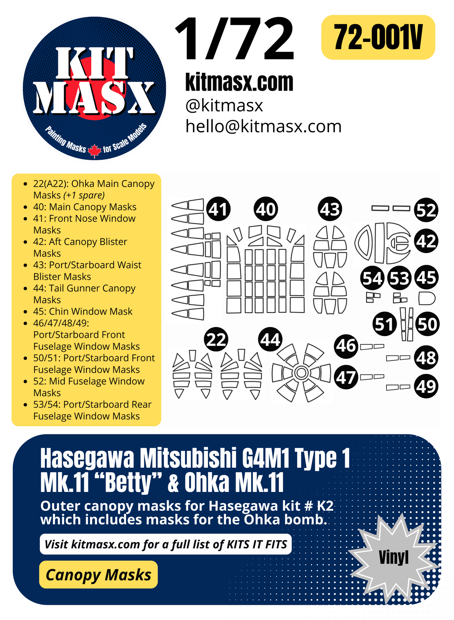 Hasegawa Mitsubishi G4M1 Type 1 Mk.11 “Betty” & Ohka Mk.11 1/72 Canopy Paint Masks, Kit # K2