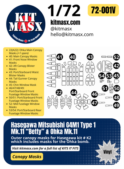Hasegawa Mitsubishi G4M1 Type 1 Mk.11 “Betty” & Ohka Mk.11 1/72 Canopy Paint Masks, Kit # K2