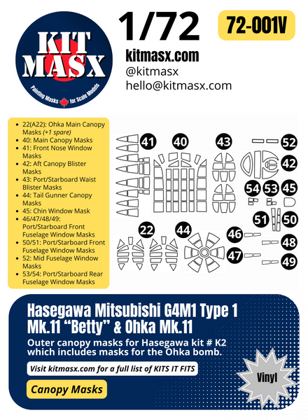 Hasegawa Mitsubishi G4M1 Type 1 Mk.11 “Betty” & Ohka Mk.11 1/72 Canopy Paint Masks, Kit # K2