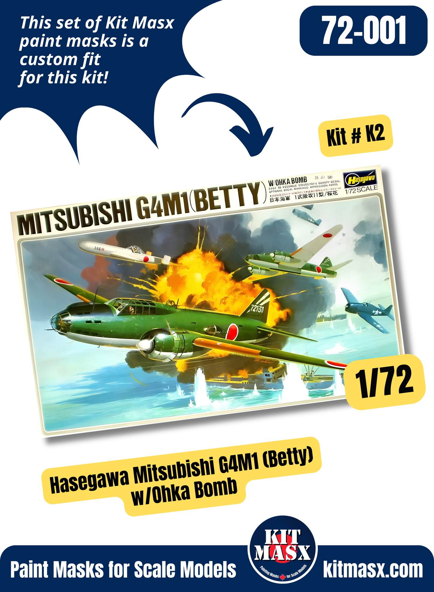 Hasegawa Mitsubishi G4M1 Type 1 Mk.11 “Betty” & Ohka Mk.11 1/72 Canopy Paint Masks, Kit # K2