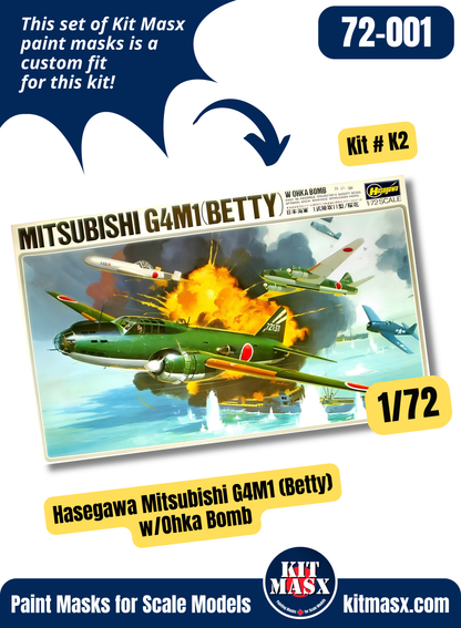 Hasegawa Mitsubishi G4M1 Type 1 Mk.11 “Betty” & Ohka Mk.11 1/72 Canopy Paint Masks, Kit # K2