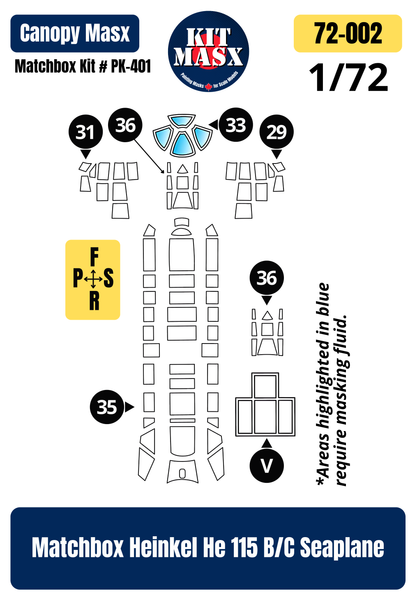 Matchbox Heinkel He 115 B/C Seaplane 1/72 Canopy Paint Masks, Kit # PK-401 (72002)