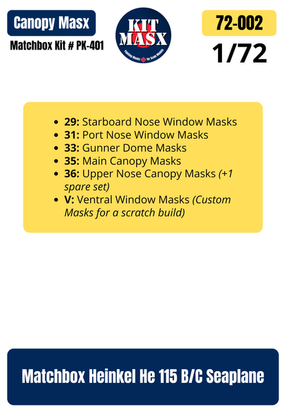Matchbox Heinkel He 115 B/C Seaplane 1/72 Canopy Paint Masks, Kit # PK-401 (72002)