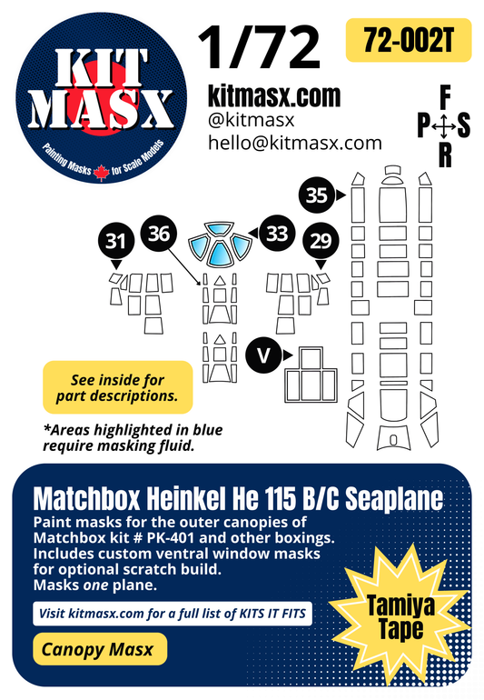 Matchbox Heinkel He 115 B/C Seaplane 1/72 Canopy Paint Masks, Kit # PK-401 (72002)