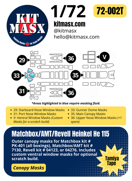 Matchbox/AMT/Revell Heinkel He 115 1/72 Canopy Paint Masks