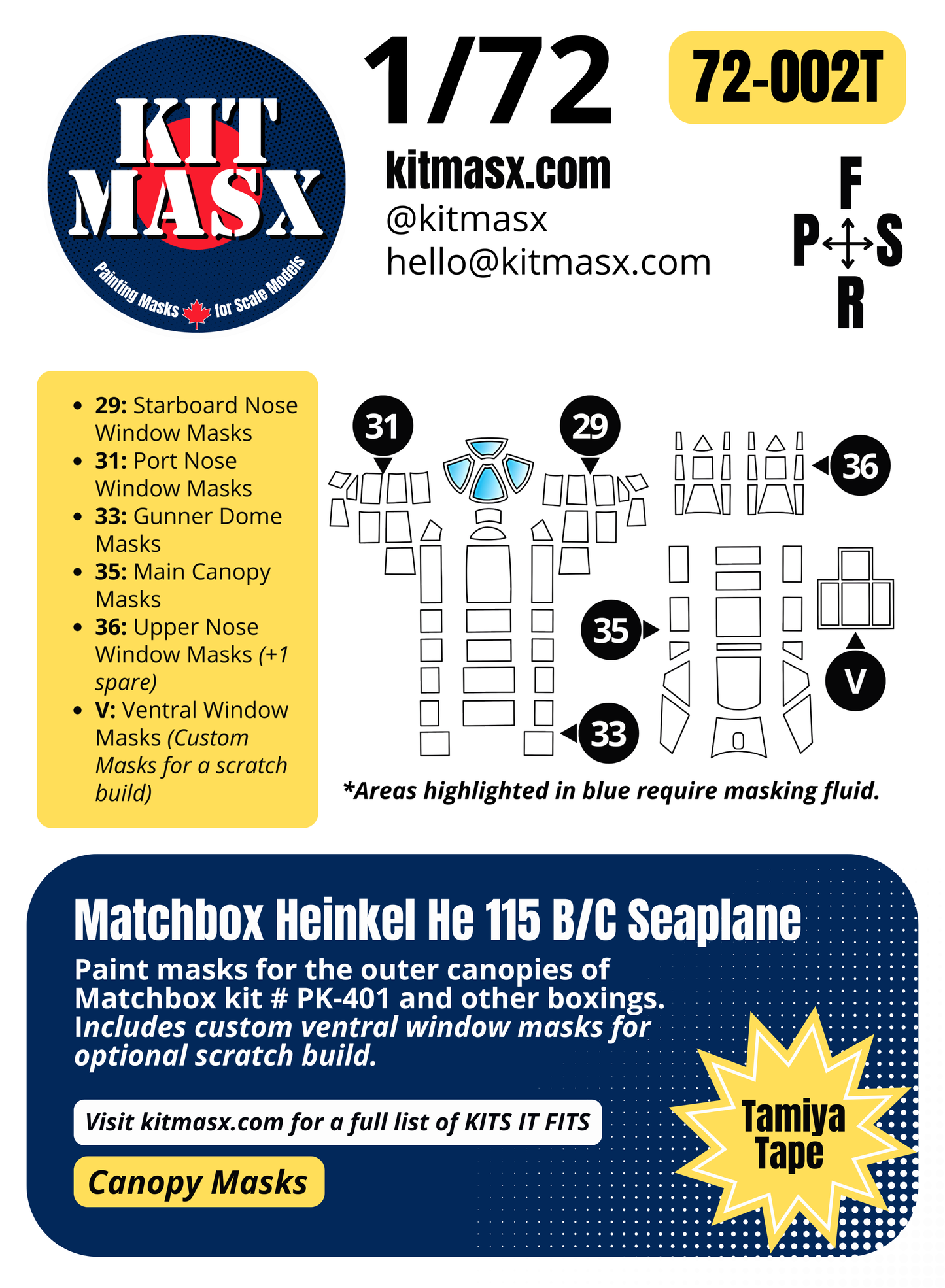 Matchbox Heinkel He 115 B/C Seaplane 1/72 Canopy Paint Masks, Kit # PK-401