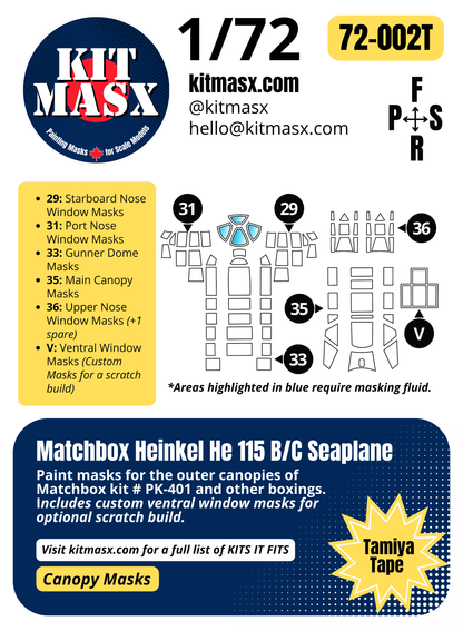 Matchbox Heinkel He 115 B/C Seaplane 1/72 Canopy Paint Masks, Kit # PK-401