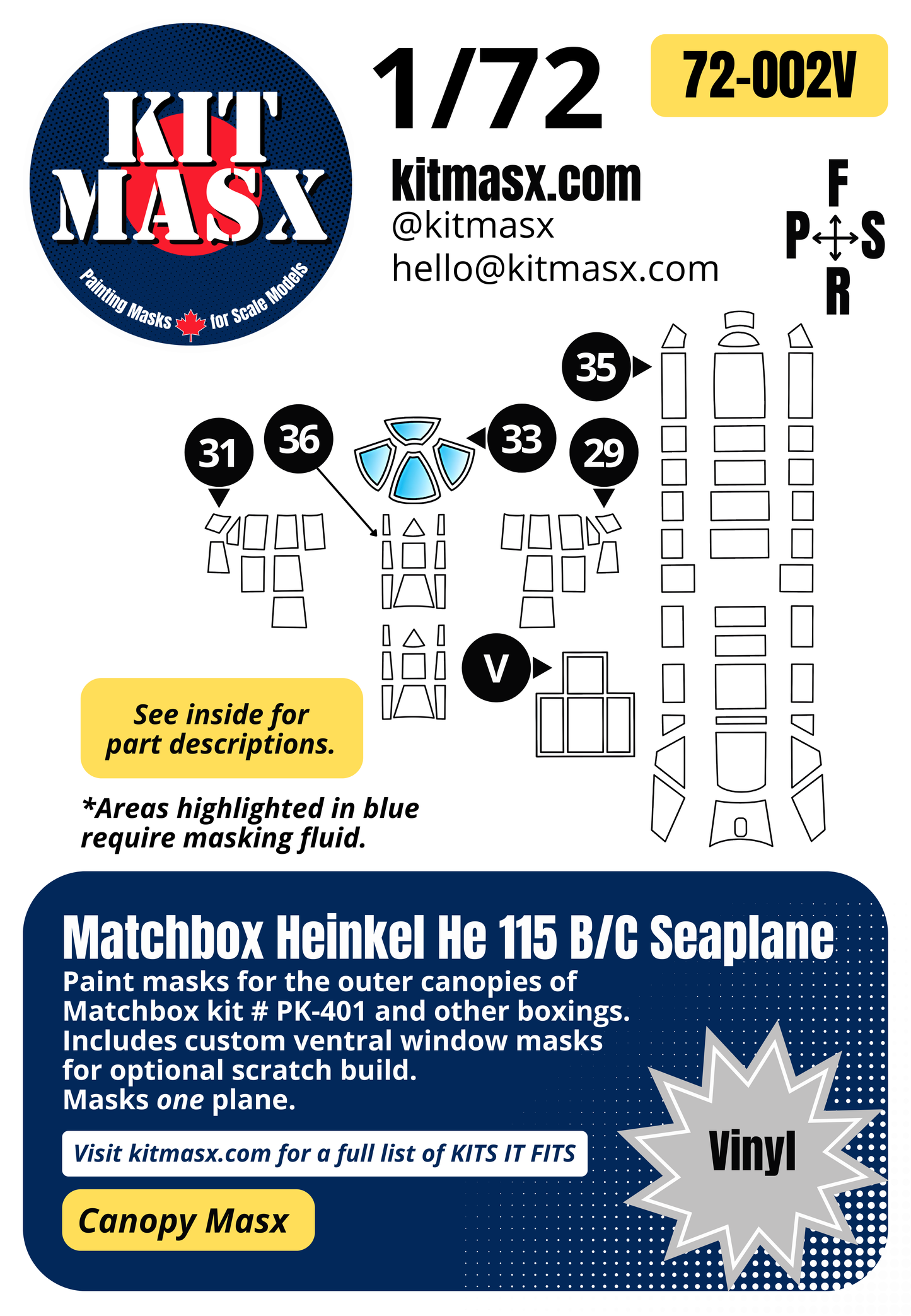 Matchbox Heinkel He 115 B/C Seaplane 1/72 Canopy Paint Masks, Kit # PK-401 (72002)